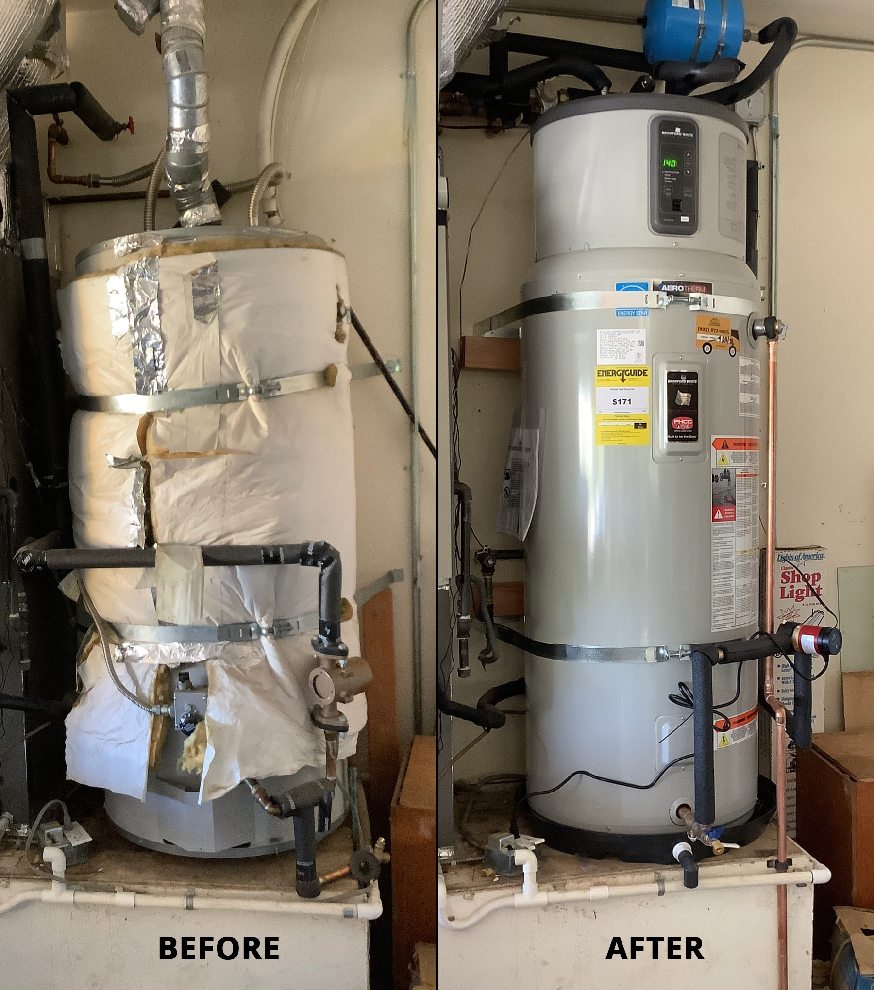 before and after a 40 gallon water heater replacement in Danville, California