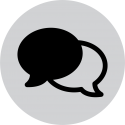A black and white icon of a speech bubble in a circle