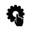 Black and white logo of a hand pointing to a gear