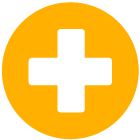 A white cross in a yellow circle on a white background