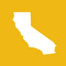 A white silhouette of the state of California is on a yellow background