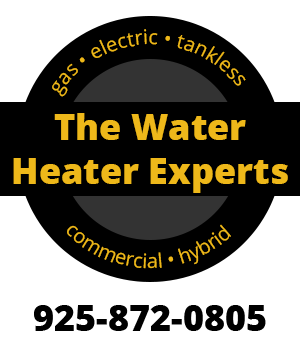 A black and yellow logo for the water heater experts