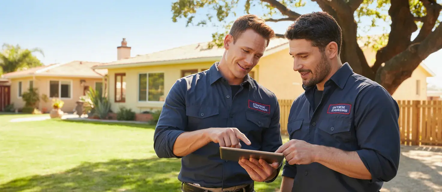 Two Barnett Plumbing technicians consulting on-site in a California backyard