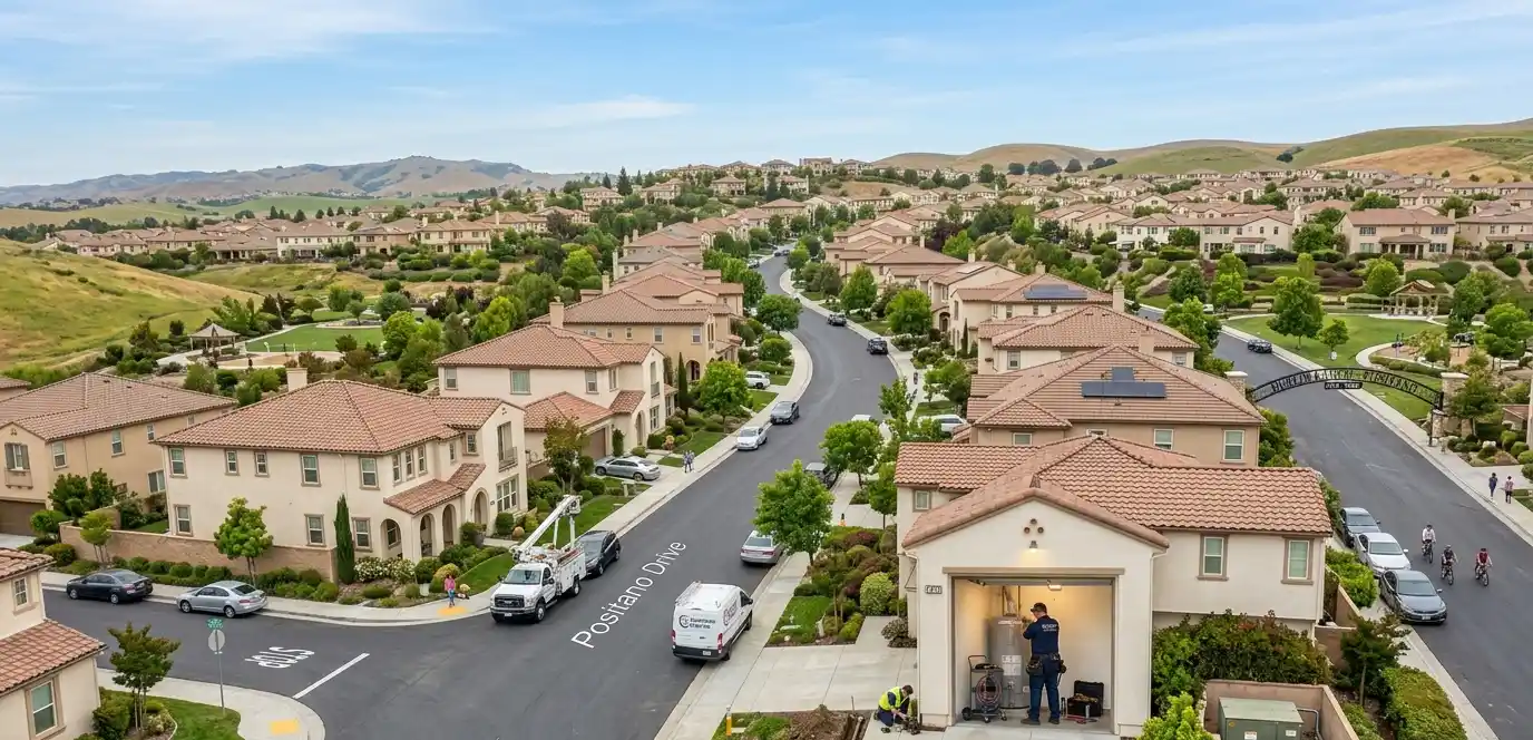 Plumber servicing home in Dublin Ranch residential community with rolling hills and suburban homes visible