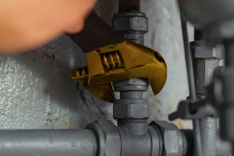 Yellow water shut-off valve on residential plumbing pipes during repiping service