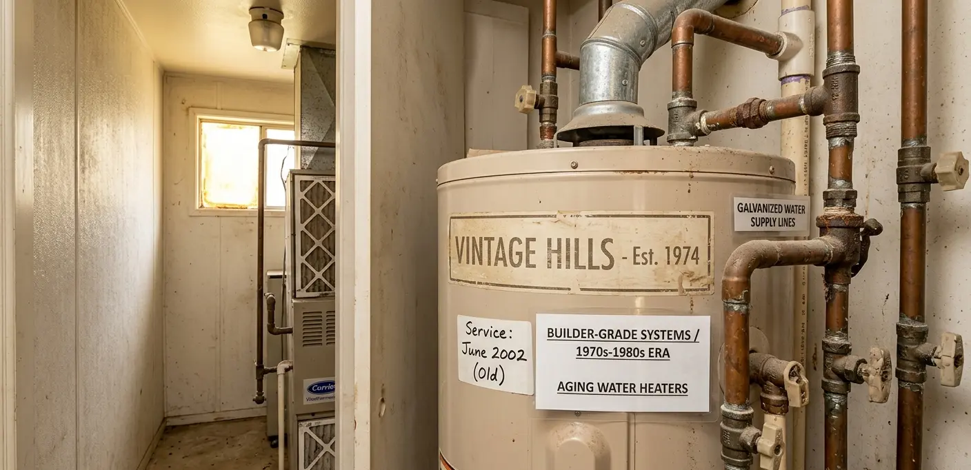 Aging water heater from 1974 with copper and galvanized supply lines in utility room