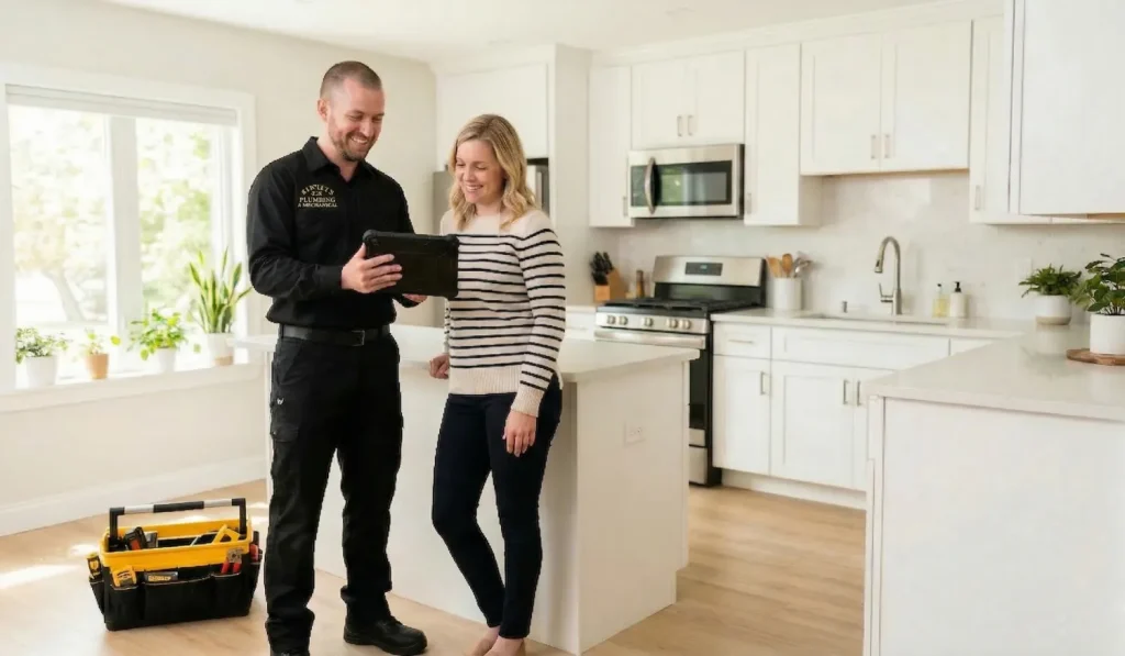 Barnett Plumbing technician discussing project with homeowner in modern kitchen