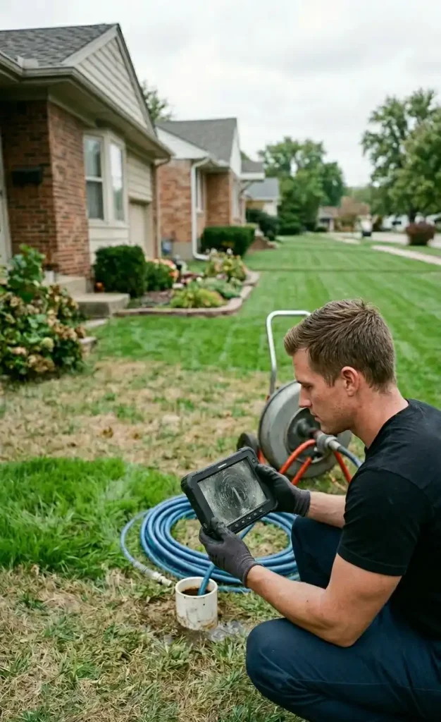 Plumber using camera inspection equipment on residential water line in yard