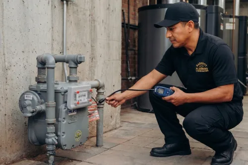 Plumber performing leak detection on residential water meter using diagnostic equipment
