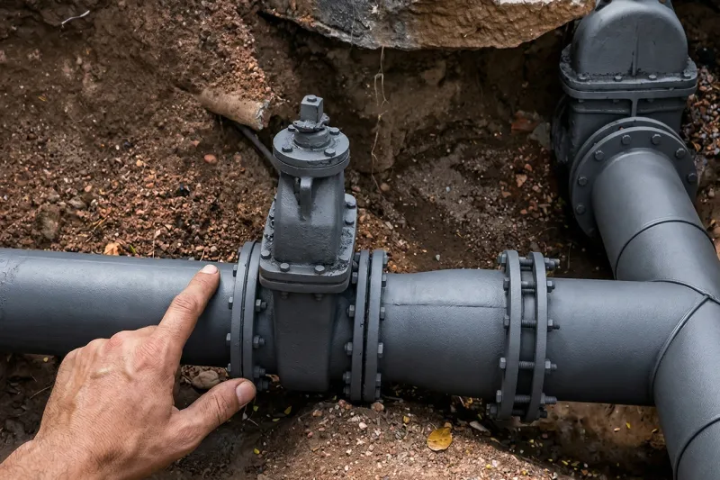 Plumber's hand inspecting underground sewer pipe with ball valve during repair installation