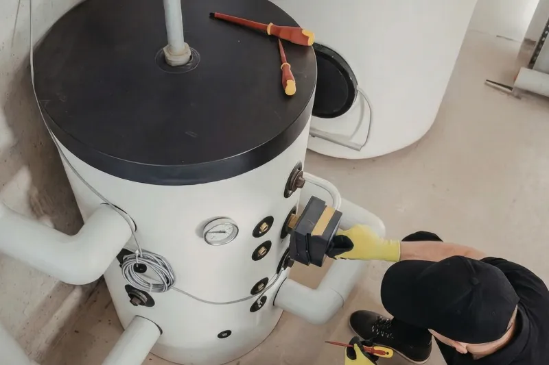 Plumber working on water heater installation and repair service