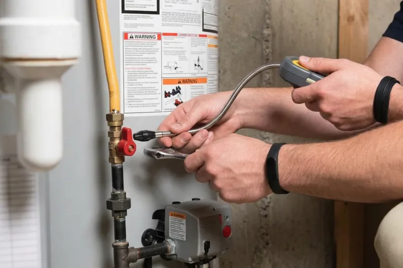 Plumber inspecting water heater connections with diagnostic tool
