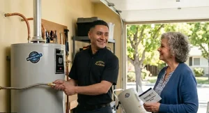 Barnett Plumbing technician showing water heater maintenance to smiling homeowner in garage