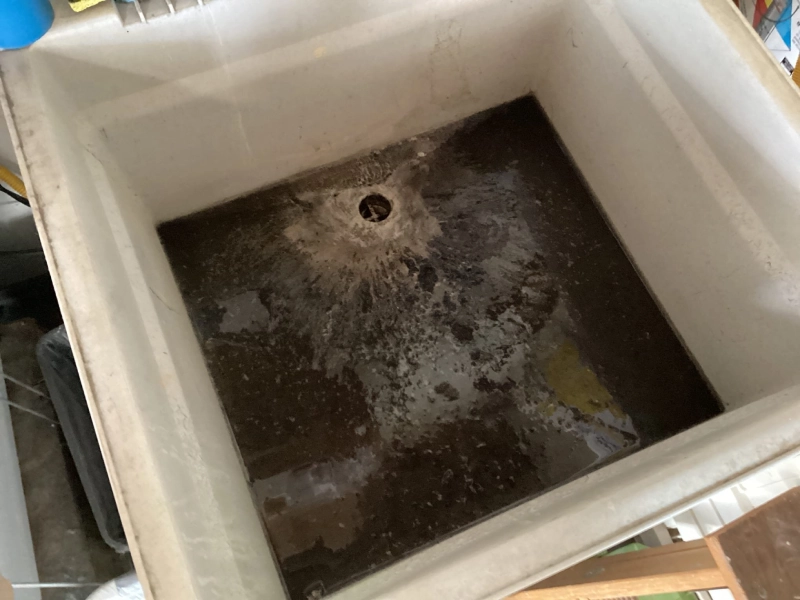 Dirty sink filled with dark, murky water, possibly clogged. The basin shows signs of neglect and needs cleaning or repair.
