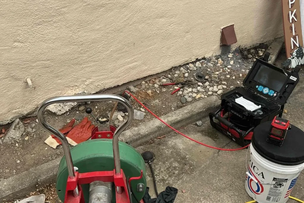 Drain cleaning machine and sewer camera set up at a residential cleanout