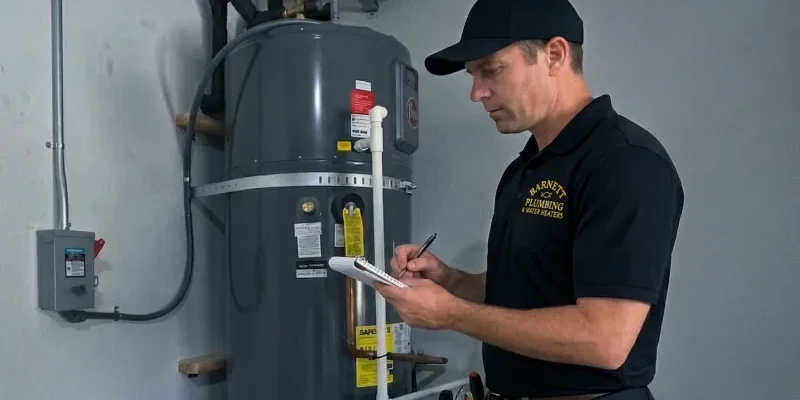 Barnett Plumbing technician inspecting heat pump water heater during installation or maintenance