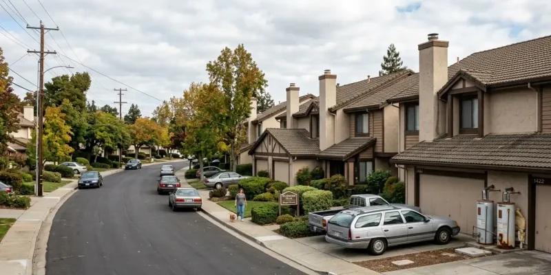 Residential neighborhood street with multi-story homes, driveways, and parked vehicles in suburban setting