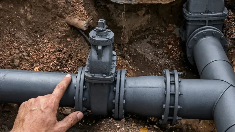 Plumber's hand inspecting underground sewer pipe with ball valve during repair installation