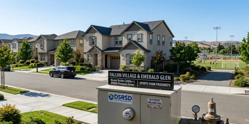 Water pressure regulator and gauge in DSRSD pressure zone with residential homes and sports park in Dublin neighborhood