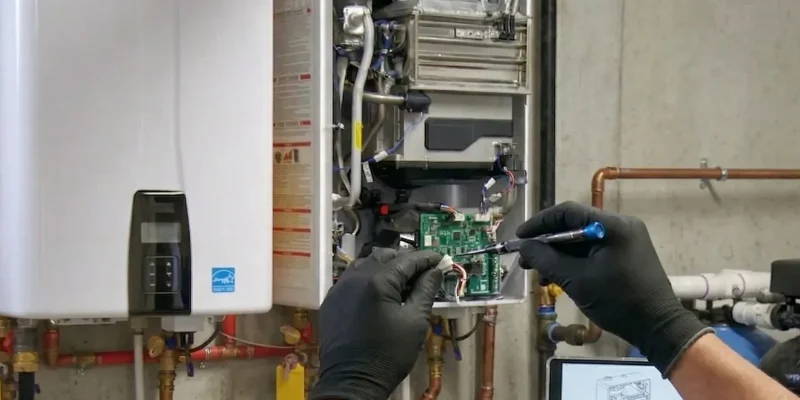 Plumber in black gloves servicing internal components of a tankless water heater during repair work