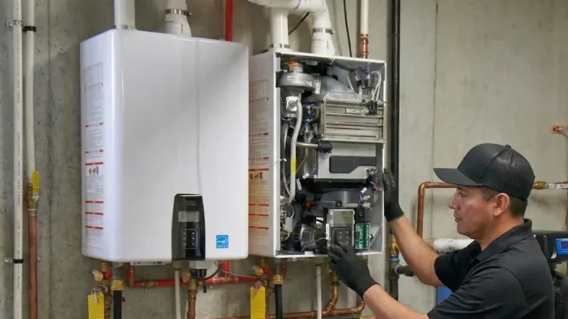 Plumber installing and servicing a tankless water heater system with open panel showing internal components